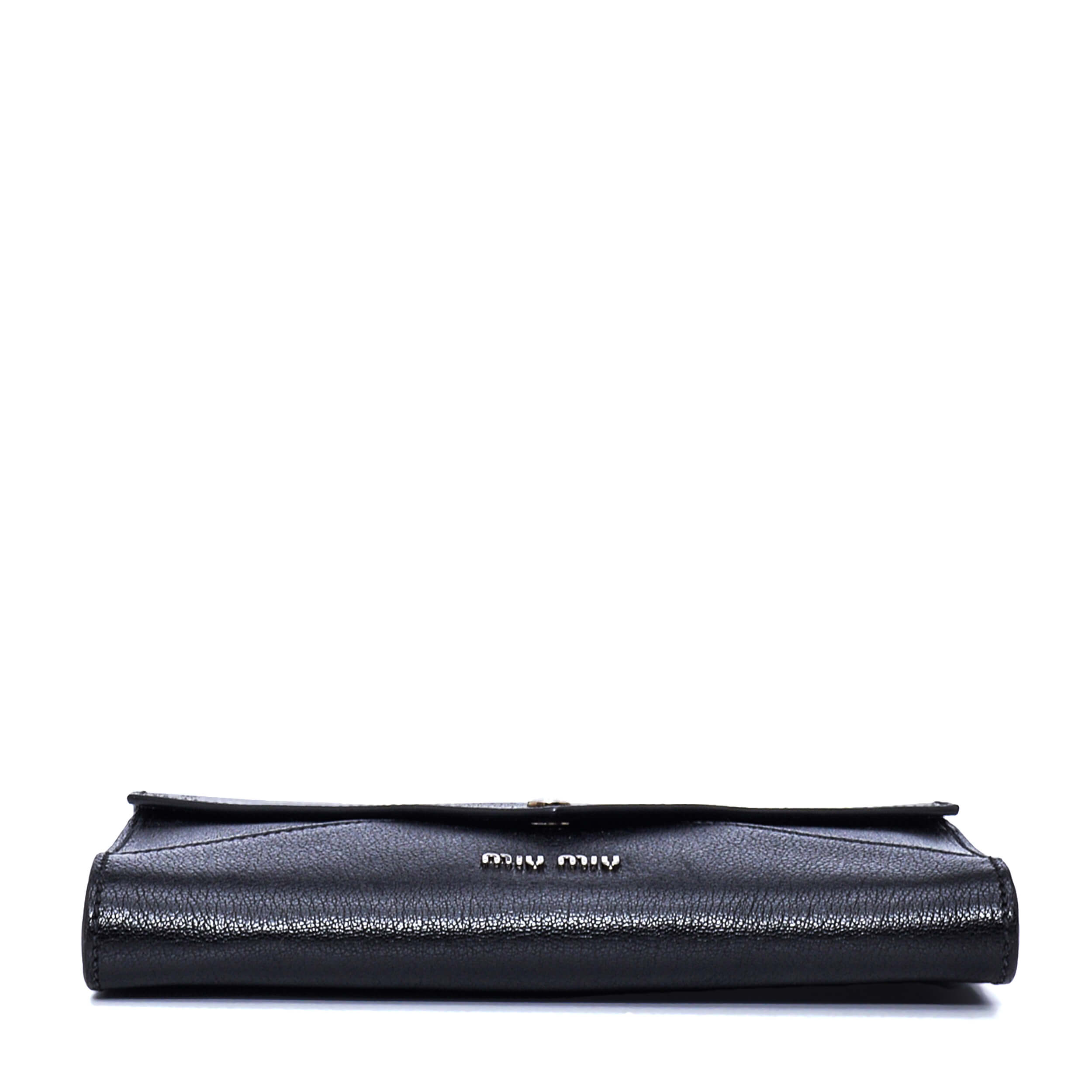 Miu Miu - Black Grained Leather Envelope Clutch with Floral Rhinestone Strap